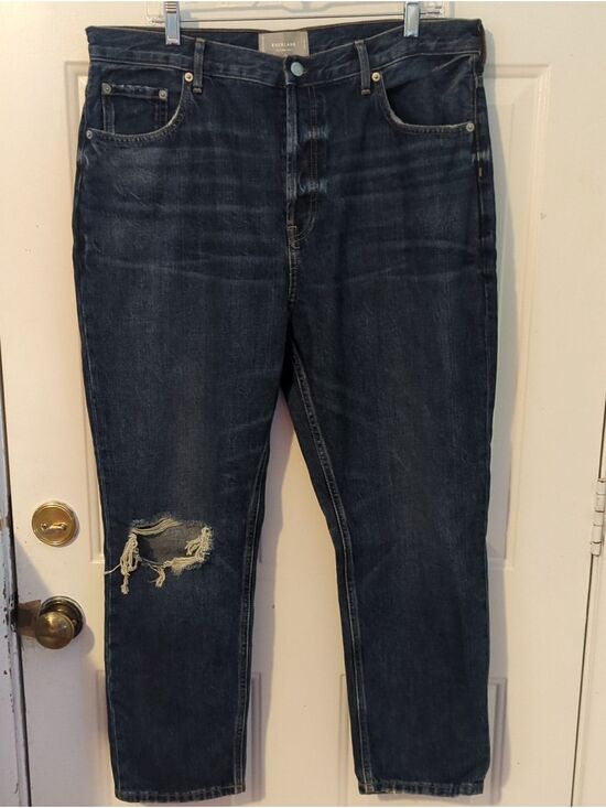 Everlane Denim - Everlane Dark Wash Distressed Straight Jeans 33 Crop Ripped Jeans Women's